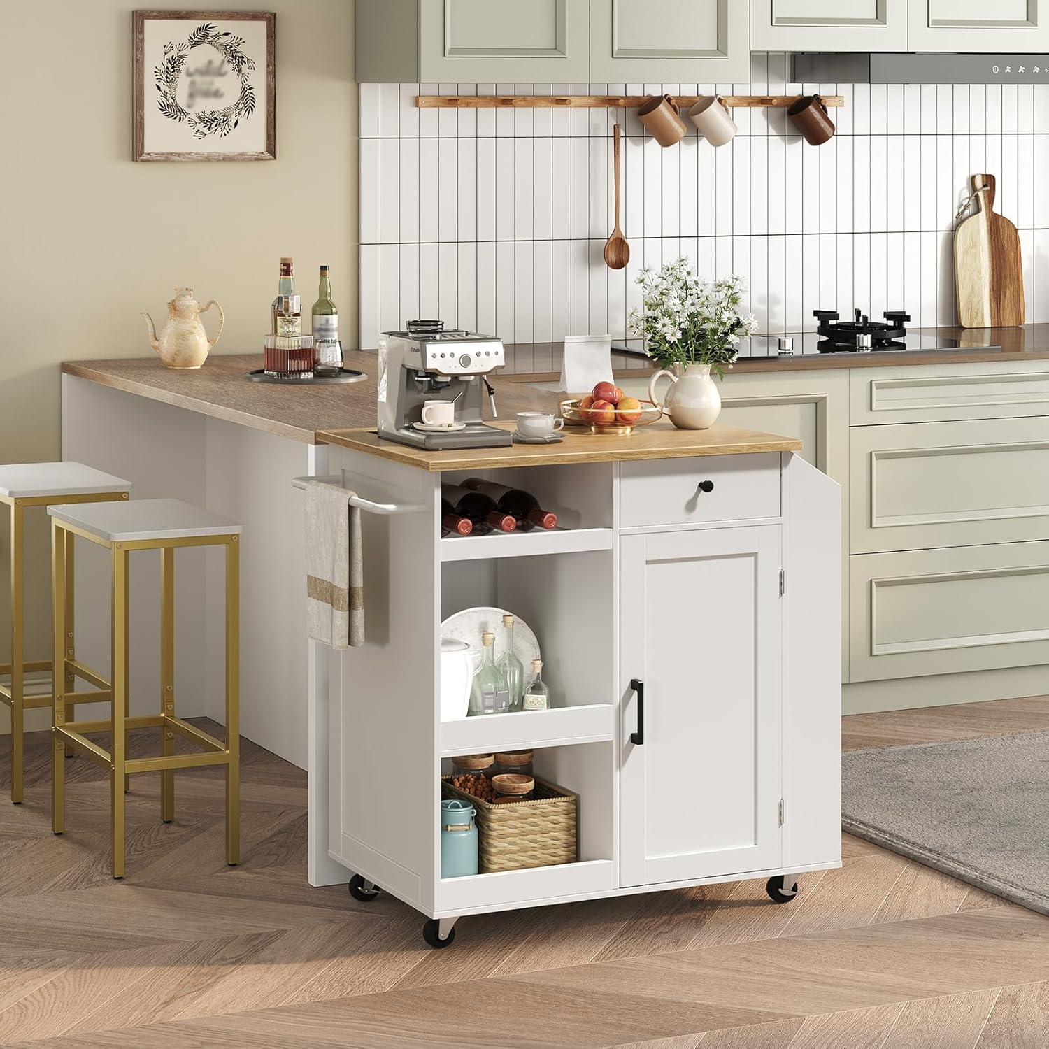 MAHANCRIS Kitchen Island with Power Outlet, Kitchen Storage Island with Drawer, Rolling Kitchen Cart on Wheels, Spice Rack, Towel Rack, Wine Rack, for Dining Room, White and Natural KINW122E01N1