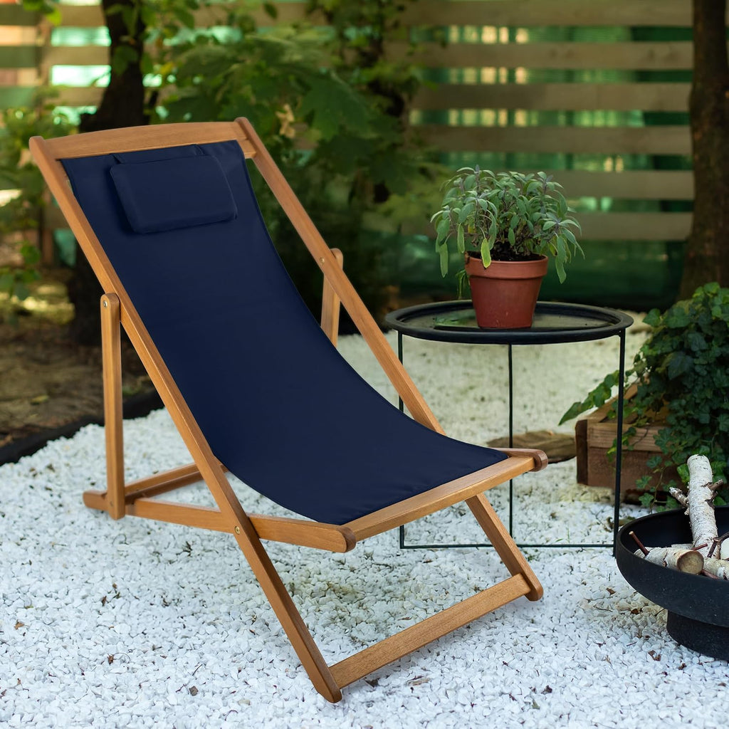 Beach Lounge Chair - Adjustable Height Reclining Sling Chair - Portable Wood Folding Chairs - Folding Lounge Chairs for Outside, Patio, Balcony, or Camping - Outdoor Furniture by Lavish Home (Blue)