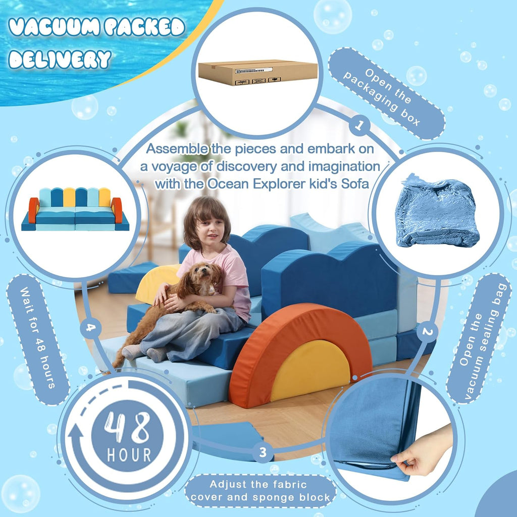 Erament 22Pcs Modular Kids Play Couch for Toddler - Kids Sofa Bed for Playroom, Convertible Furniture Ocean Theme Modular Sofa Building Fort for Inspiring Creativity
