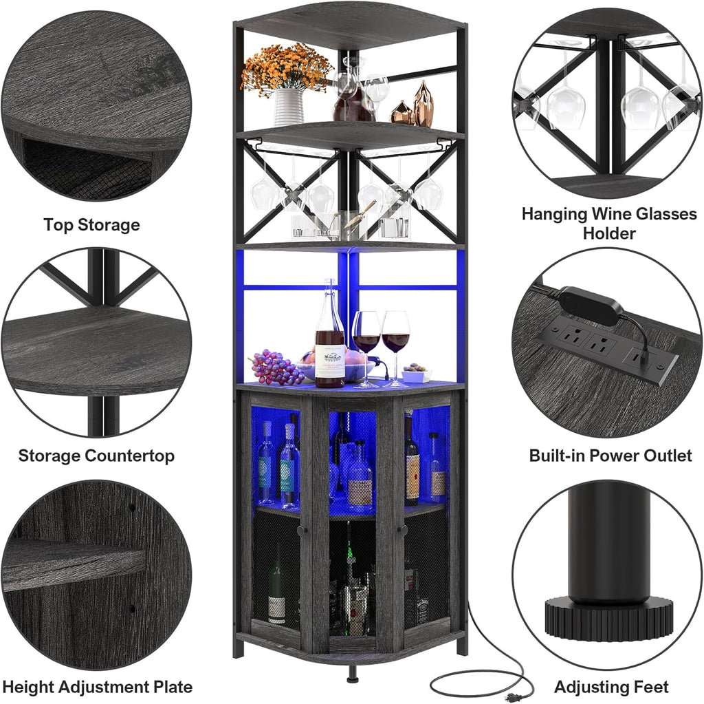 Wine Bar Cabinet with Power Outlet, 6-Tiers Industrial Wine Cabinet with LED Light and Glass Holder, Corner Bar Cabinet with Adjustable Shelf and Mesh Door, Liquor Cabinet Bar for Home