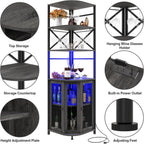 Wine Bar Cabinet with Power Outlet, 6-Tiers Industrial Wine Cabinet with LED Light and Glass Holder, Corner Bar Cabinet with Adjustable Shelf and Mesh Door, Liquor Cabinet Bar for Home