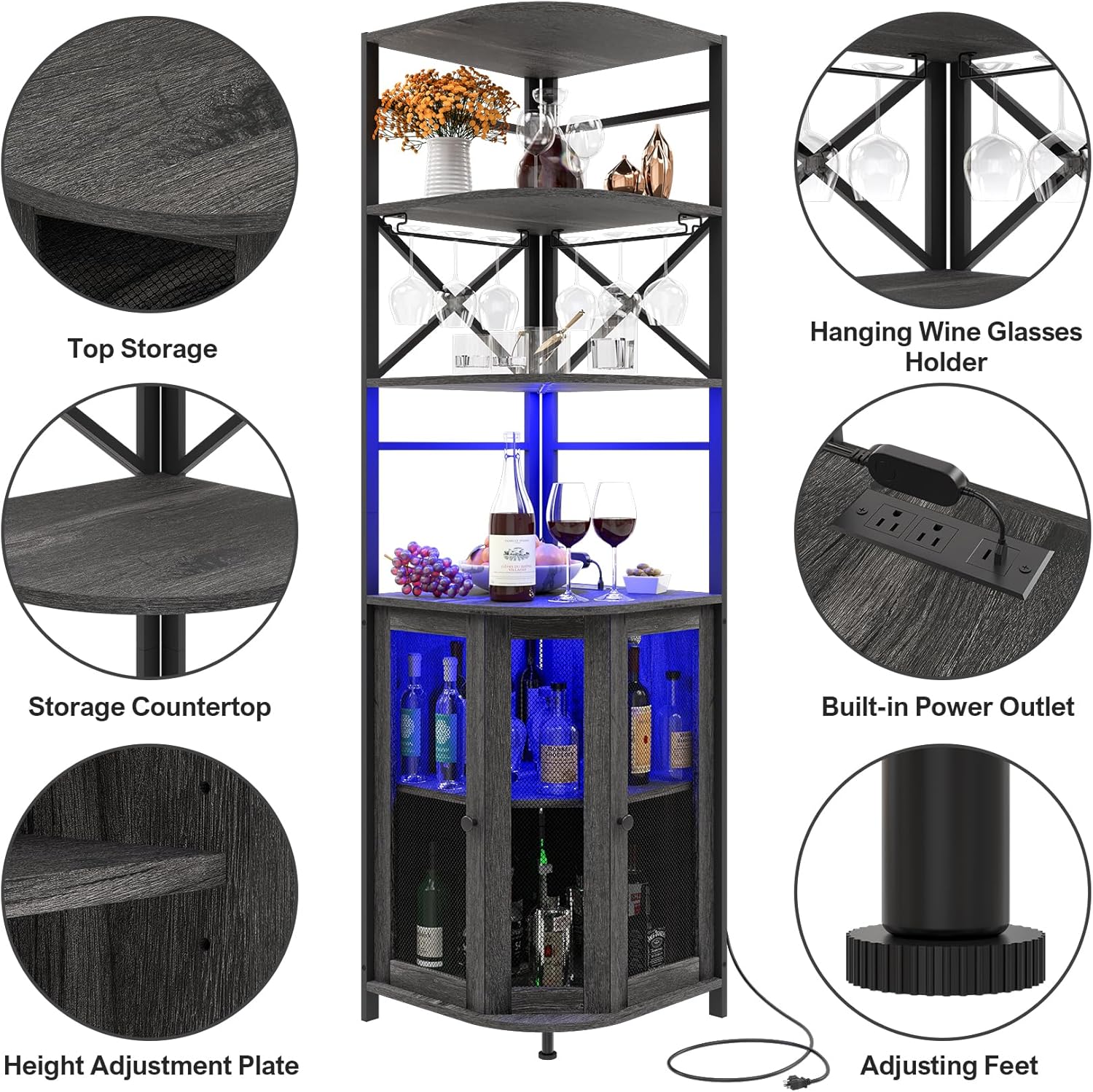 Wine Bar Cabinet with Power Outlet, 6-Tiers Industrial Wine Cabinet with LED Light and Glass Holder, Corner Bar Cabinet with Adjustable Shelf and Mesh Door, Liquor Cabinet Bar for Home