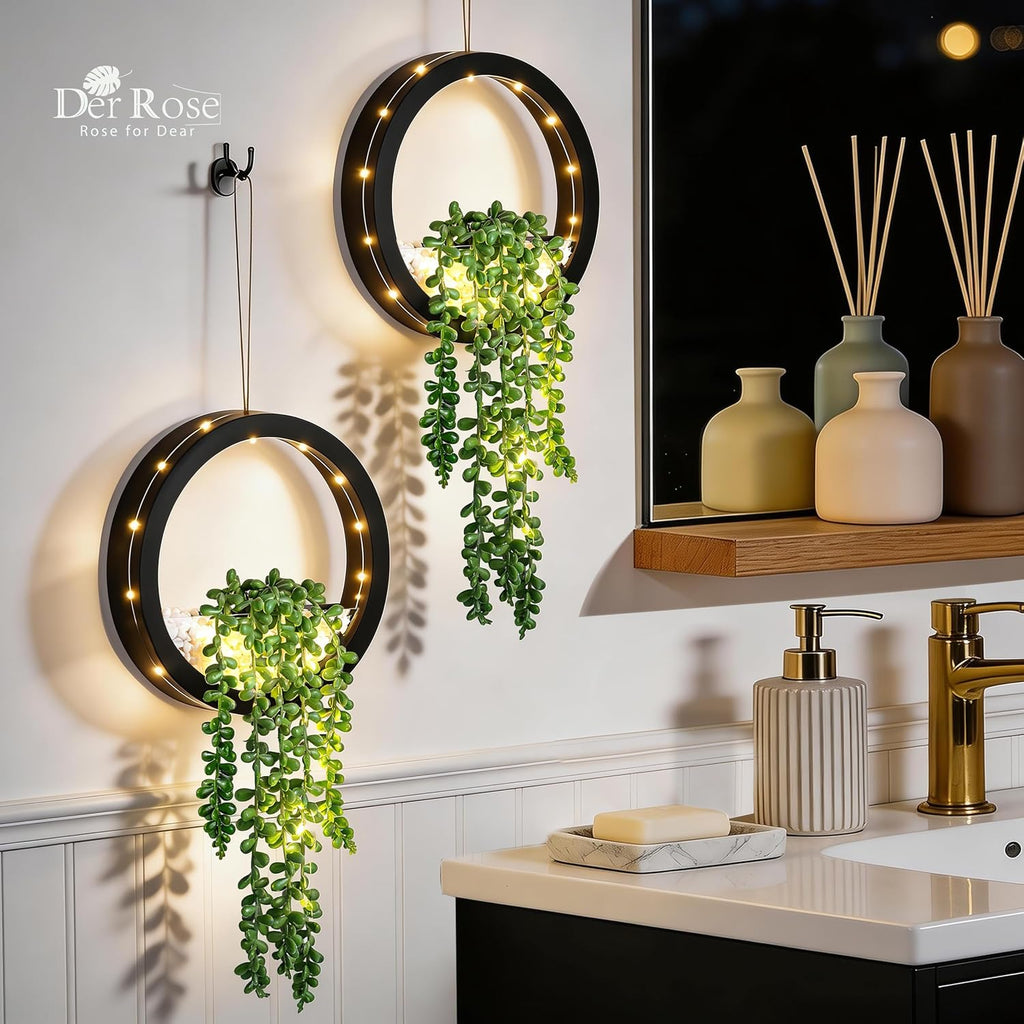 Der Rose 2 Pack Lighted Hanging Plants, Artificial String of Pearls Succulents with Warm LED Lights, Aesthetic Fake Plants for Black Bathroom Bedroom Living Room Wall Decor, Party & Gift for Women