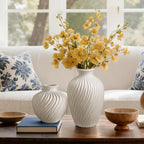 White Ceramic Vase Set of 2 - Modern Flower Vases for Home Decor - Rustic Textured White Vase for Living Room Decor - 8.65×5.5 & 5.5×5.5 Inch Round Vases for Dining Table Centerpiece Decoration