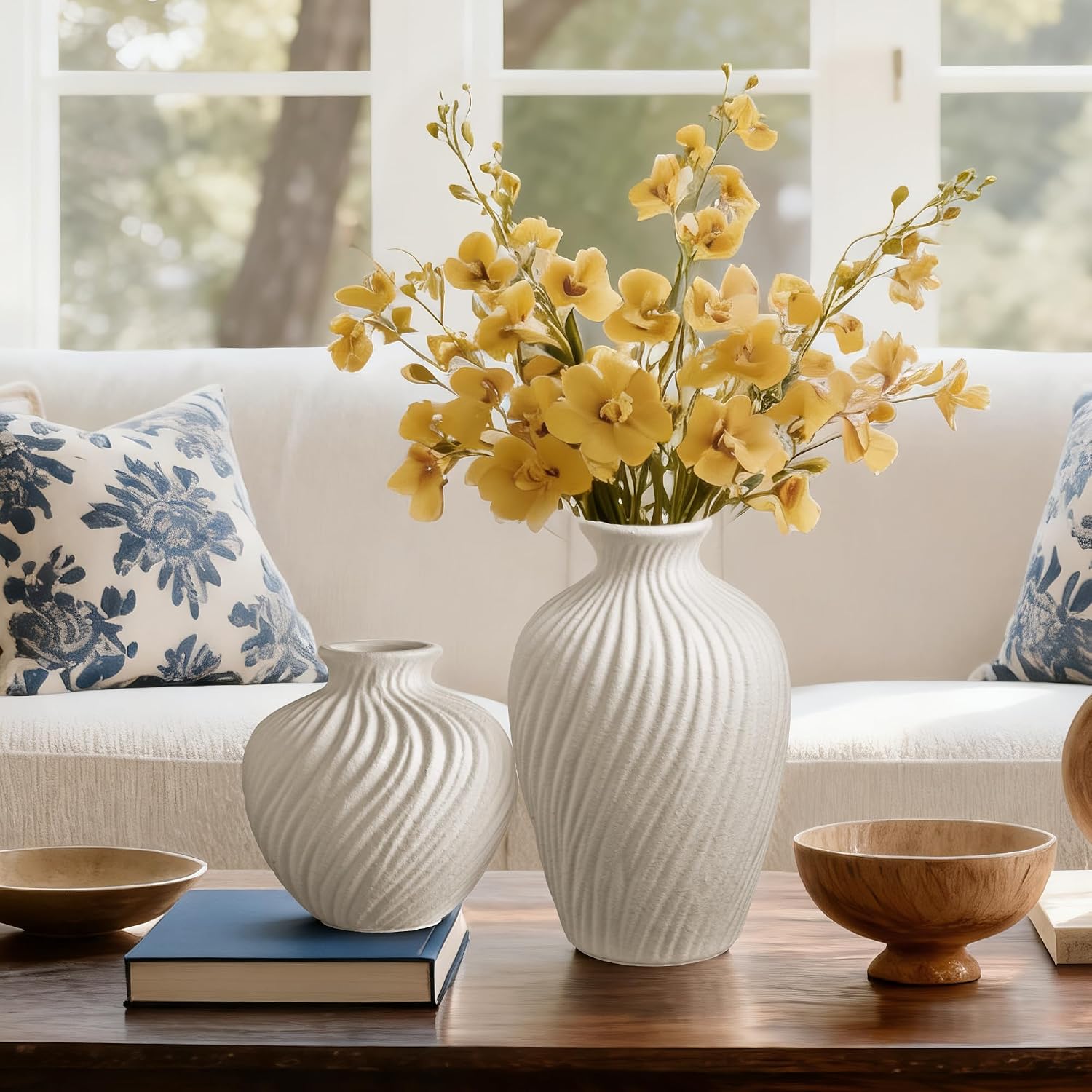 White Ceramic Vase Set of 2 - Modern Flower Vases for Home Decor - Rustic Textured White Vase for Living Room Decor - 8.65×5.5 & 5.5×5.5 Inch Round Vases for Dining Table Centerpiece Decoration