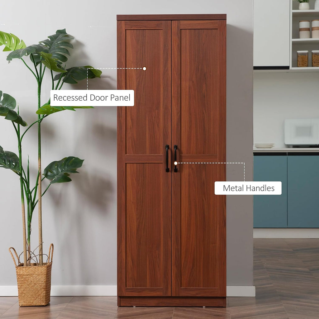 63" 2-Door Kitchen Pantry, Freestanding Storage Cabinet with 5-Tier Shelving and 2 Adjustable Shelves for Dining Room, Brown,15.8 * 23.5 * 63