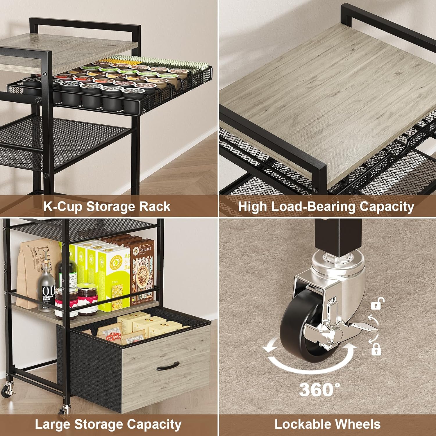 Coffee Bar Cabinet with Storage，5 Tier Coffee Station Table on Wheels, 33.6" H Cart with Drawer for Home Kitchen, Liquor Buffet Sideboard Cabinet (Black)