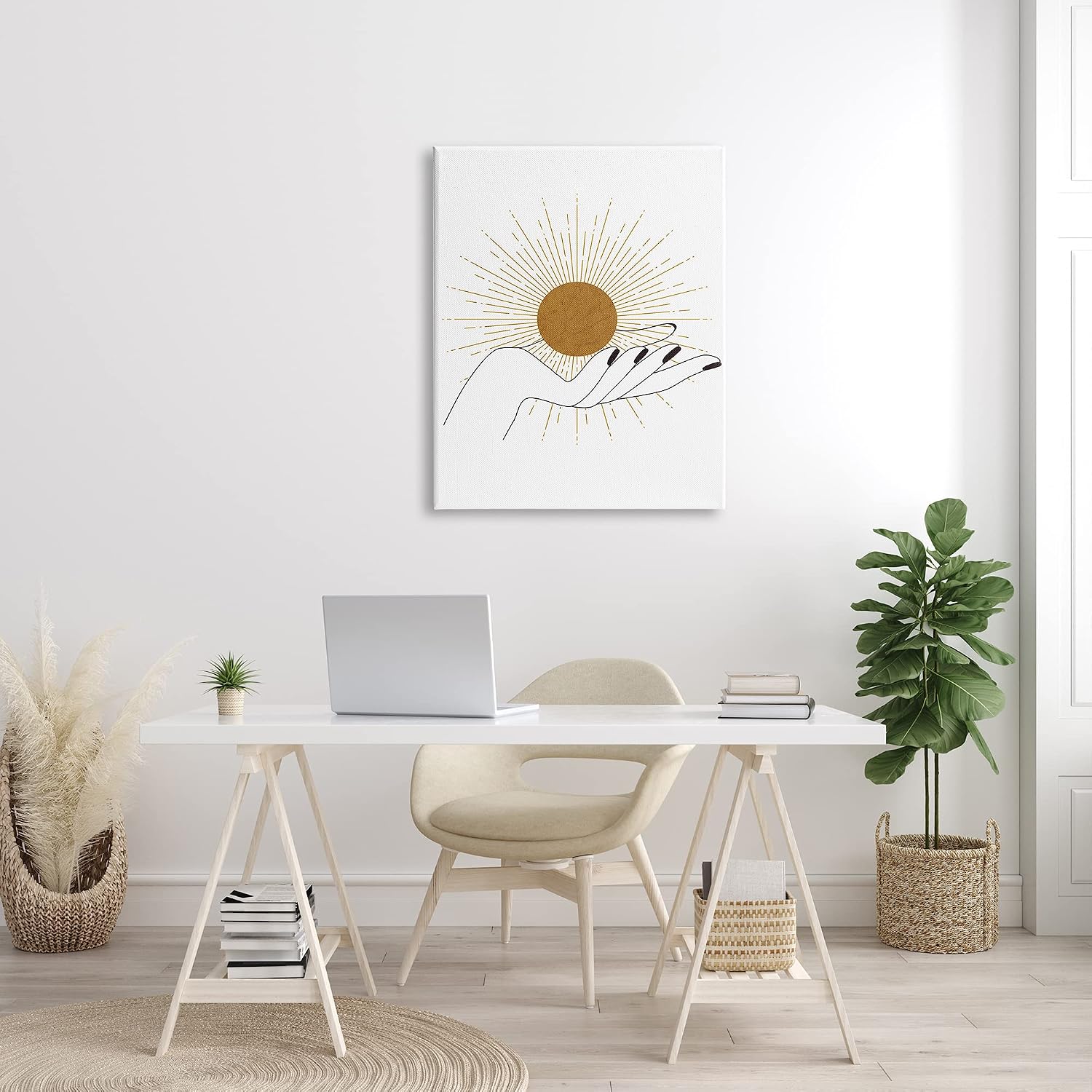 Stupell Industries Hand Holding Deco Inspired Sun with Rays, Designed by JJ Design House LLC Canvas Wall Art, Tan