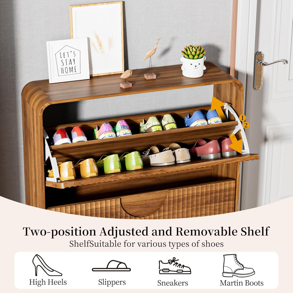 Slim Shoe Storage Cabinet for Entryway, Narrow Shoe Cabinet with 2 Tier Flip Drawers Doors, Fluted Hidden Shoe Rack Organizer for Entrance, Entry Way, Foyer, Hallway, Walnut