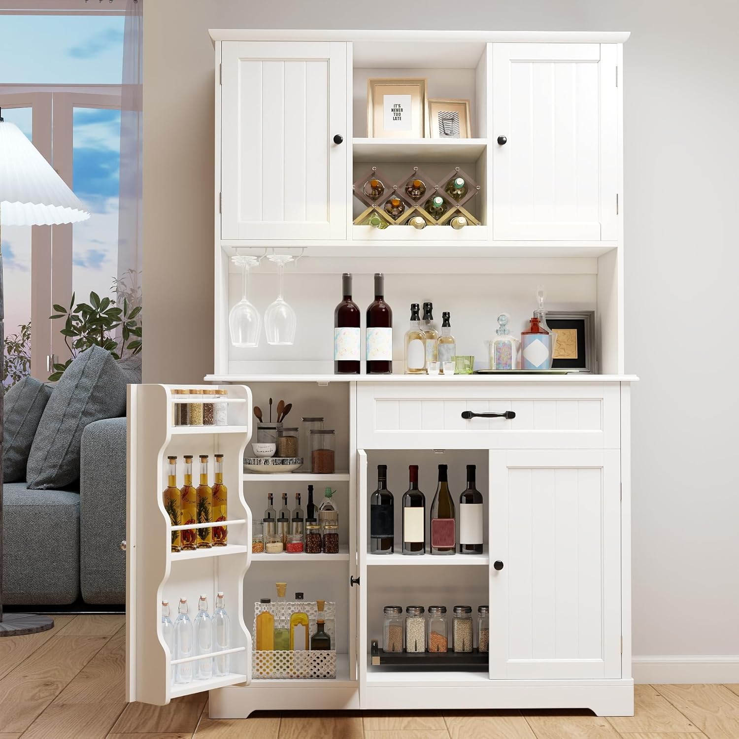 Gizoon 67 in Kitchen Storage Cabinet with Door and Shelves, Kitchen Pantry Cabinet Tall Coffee Bar Hutch with Storage for Dining Room, Painted White