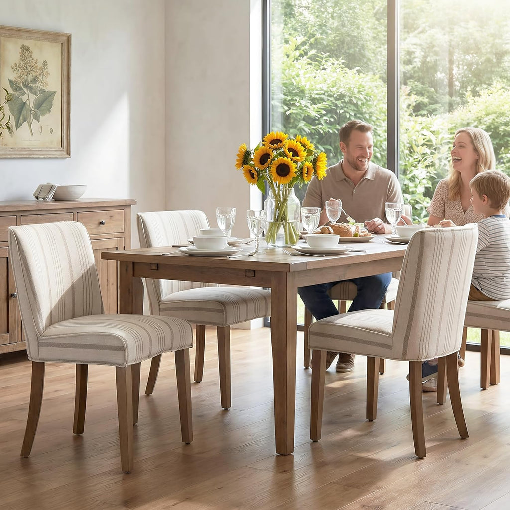 Mid-Century Dining Chairs Set of 4, Linen Fabric Khaki Striped Kitchen Chairs with Walnut Wood Leg Cushioned Back Modern Rustic Side Chairs for Living Room/Kitchen/Dining/Restaurant