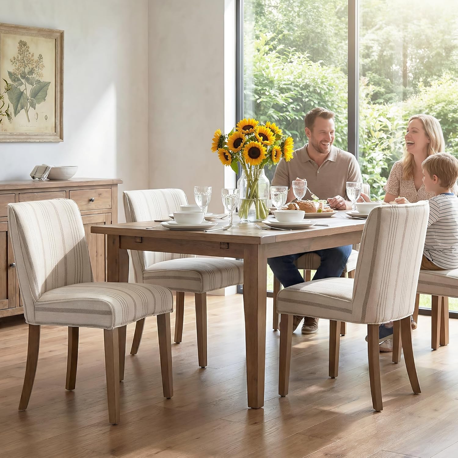 Mid-Century Dining Chairs Set of 4, Linen Fabric Khaki Striped Kitchen Chairs with Walnut Wood Leg Cushioned Back Modern Rustic Side Chairs for Living Room/Kitchen/Dining/Restaurant