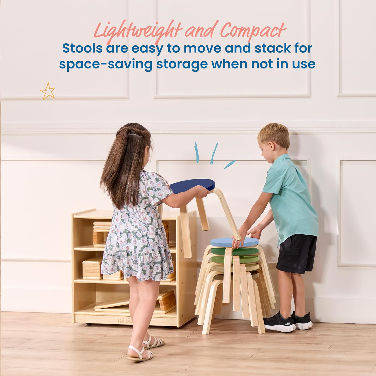 ECR4Kids Bentwood Stackable Stools, 12in Seat Height, Classroom Furniture, Earthtone, 6-Piece