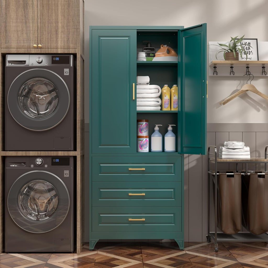 SteeLoong 75" Kitchen Pantry Cabinet with 3 Drawer,Metal Storage Cabinets with Doors and 2 Adjustable Shelves,Green Kitchen Cabinet with 2 Gold Handles,Food Cupboard for Livingroom,Pantry, Bathroom