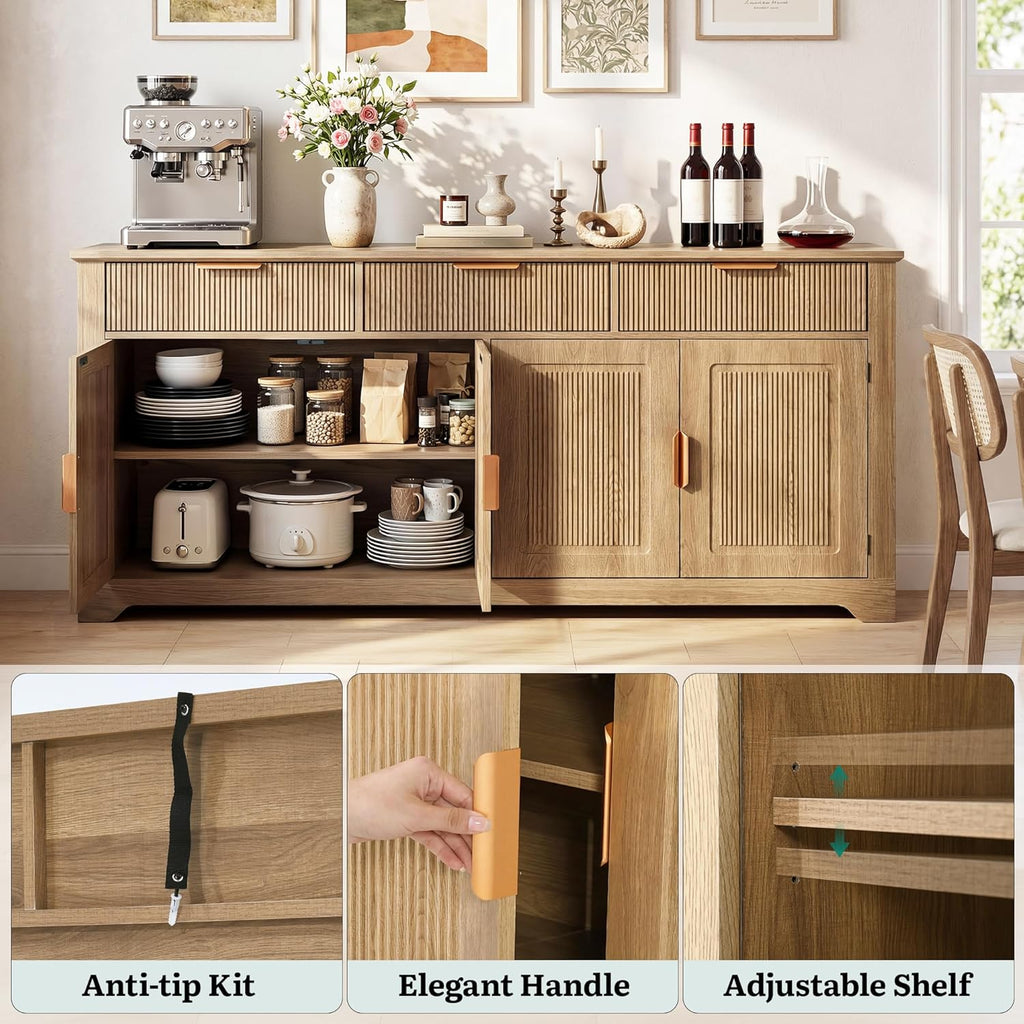 YITAHOME 59" Fluted Sideboard Buffet Cabinet with Storage, Wood Kitchen Storage Cabinet with Adjustable Shelves & Drawers, Mid Century Modern Credenza for Kitchen, Living Room, Entryway (Natural Oak)