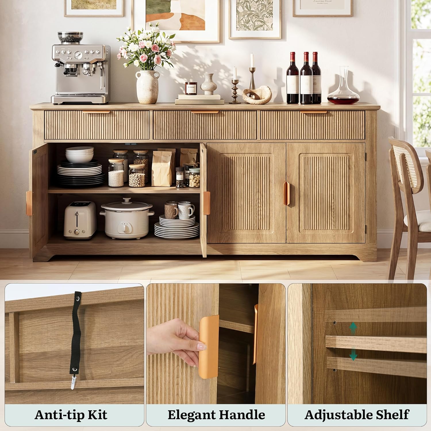 YITAHOME 59" Fluted Sideboard Buffet Cabinet with Storage, Wood Kitchen Storage Cabinet with Adjustable Shelves & Drawers, Mid Century Modern Credenza for Kitchen, Living Room, Entryway (Natural Oak)