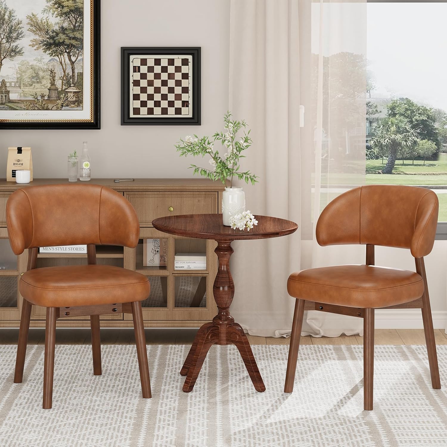 MALOL Wooden Dining Chairs Set of 4, Modern Upholstered Dining Room Chair, PU Leather Kitchen Side Chairs with Curved Open Back for Living Room/Restaurant/Cafe, Brown