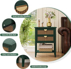 Rattan End Table with 2 Drawers & 1 Open Storage Shelf, Wood Side Table with Golden Semi-Circular Handles & Solid Wood Legs, Boho Nightstand for Bedroom & Living Room, Green, 1 PC