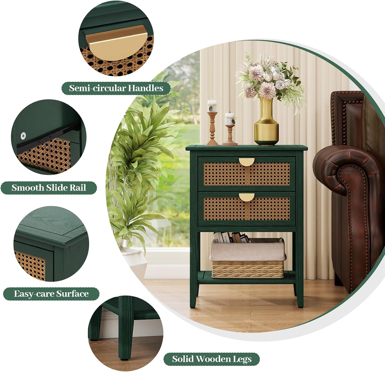 Rattan End Table with 2 Drawers & 1 Open Storage Shelf, Wood Side Table with Golden Semi-Circular Handles & Solid Wood Legs, Boho Nightstand for Bedroom & Living Room, Green, 1 PC