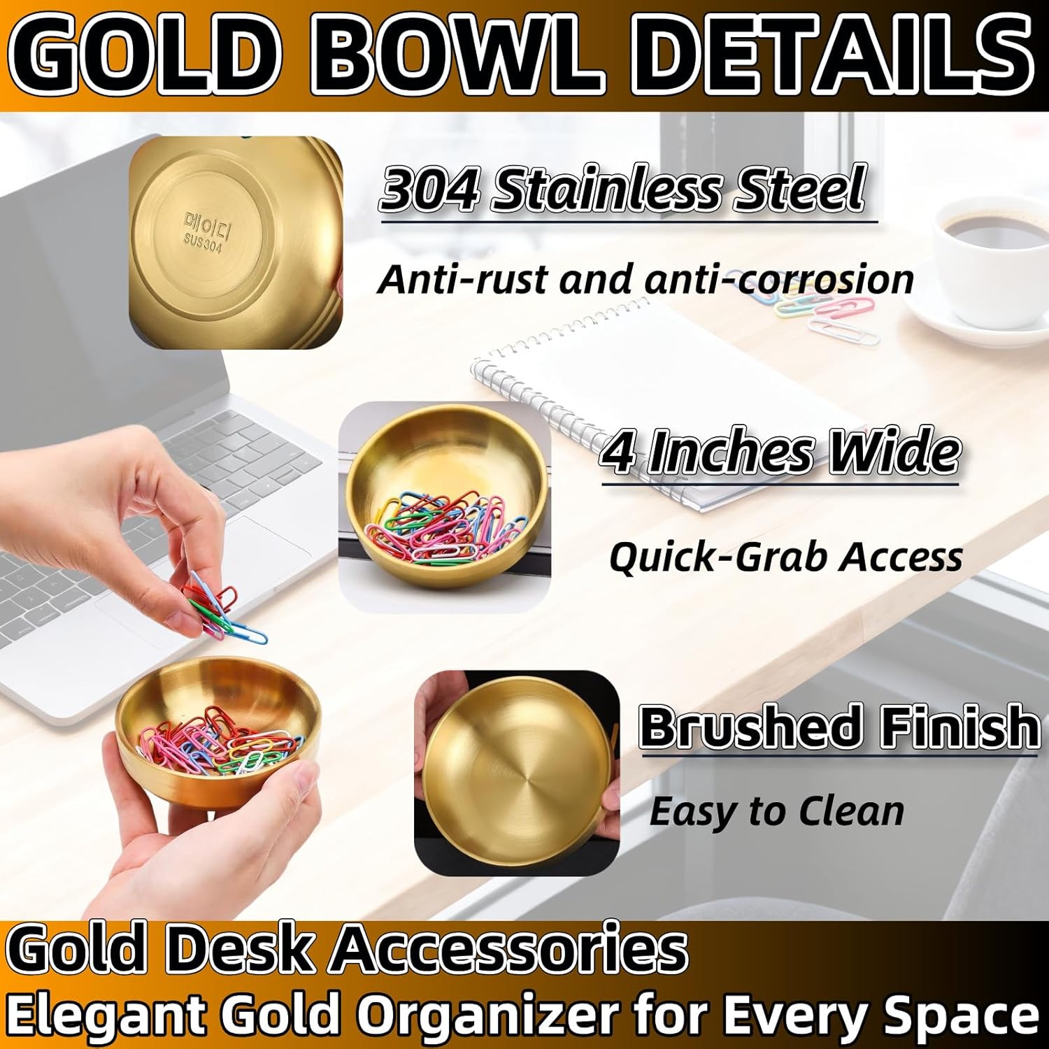 4-Inch Gold Decorative Bowl Paper Clip Holder,Stainless Steel Dual-Purpose Round Small Storage Tray & Cute Jewelry Organizer for Office Desk,Bathroom Vanity,Home & School