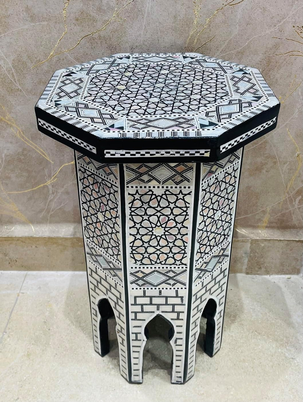 Morrocan Table Design Mother of Pearl Inlaid,Arabic Side Corner cofee Table for Living Room (Classic B)