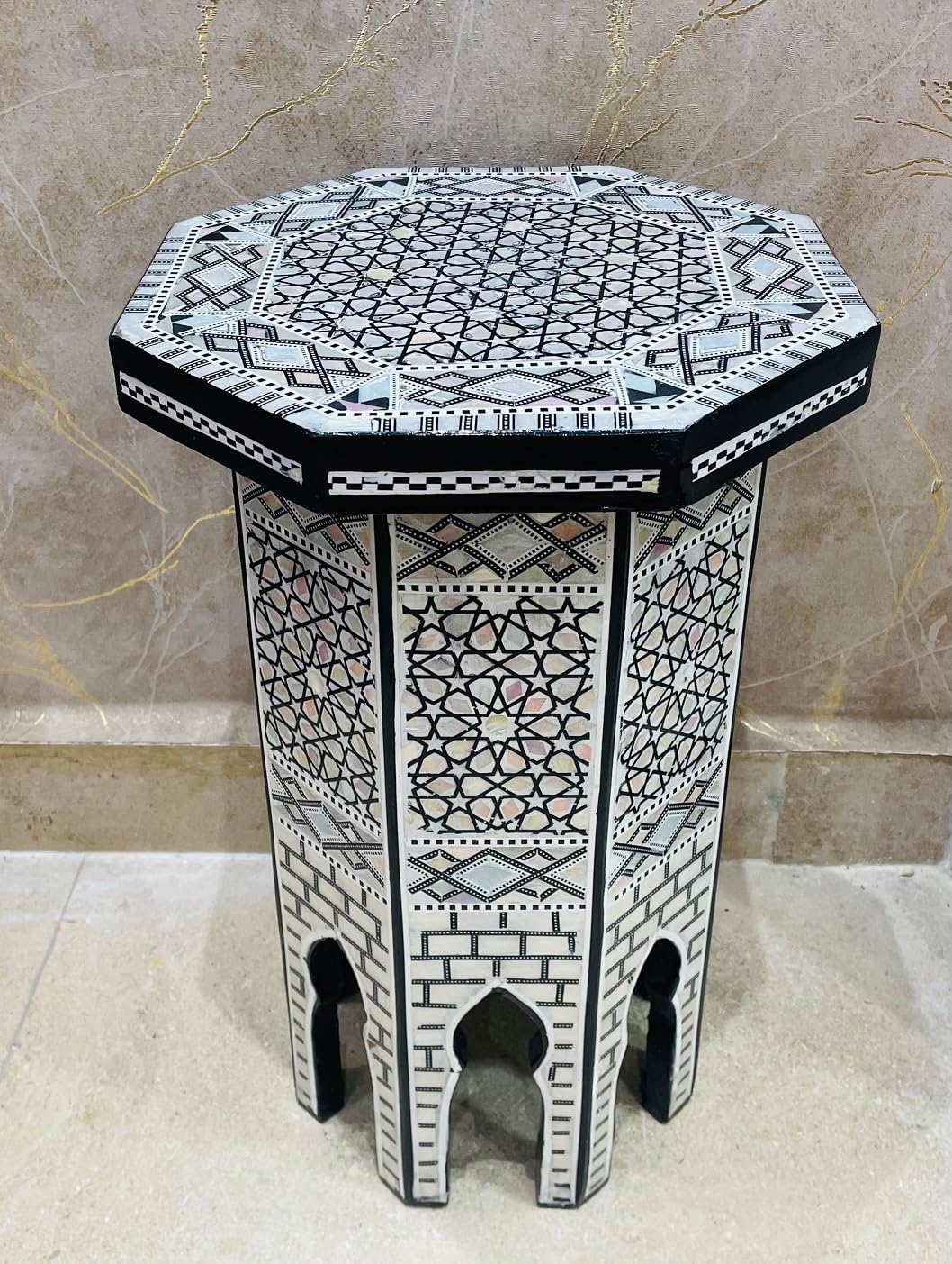 Morrocan Table Design Mother of Pearl Inlaid,Arabic Side Corner cofee Table for Living Room (Classic A)