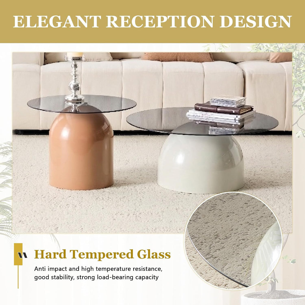 WILLIAMSPACE Round Nesting Coffee Table Set of 2 with Tempered Glass Top, Modern Center Tables with Carbon Steel Base for Living Room, Accent Tea Table, Easy Assembly, 27.5" & 19.6", Grey＋Brown