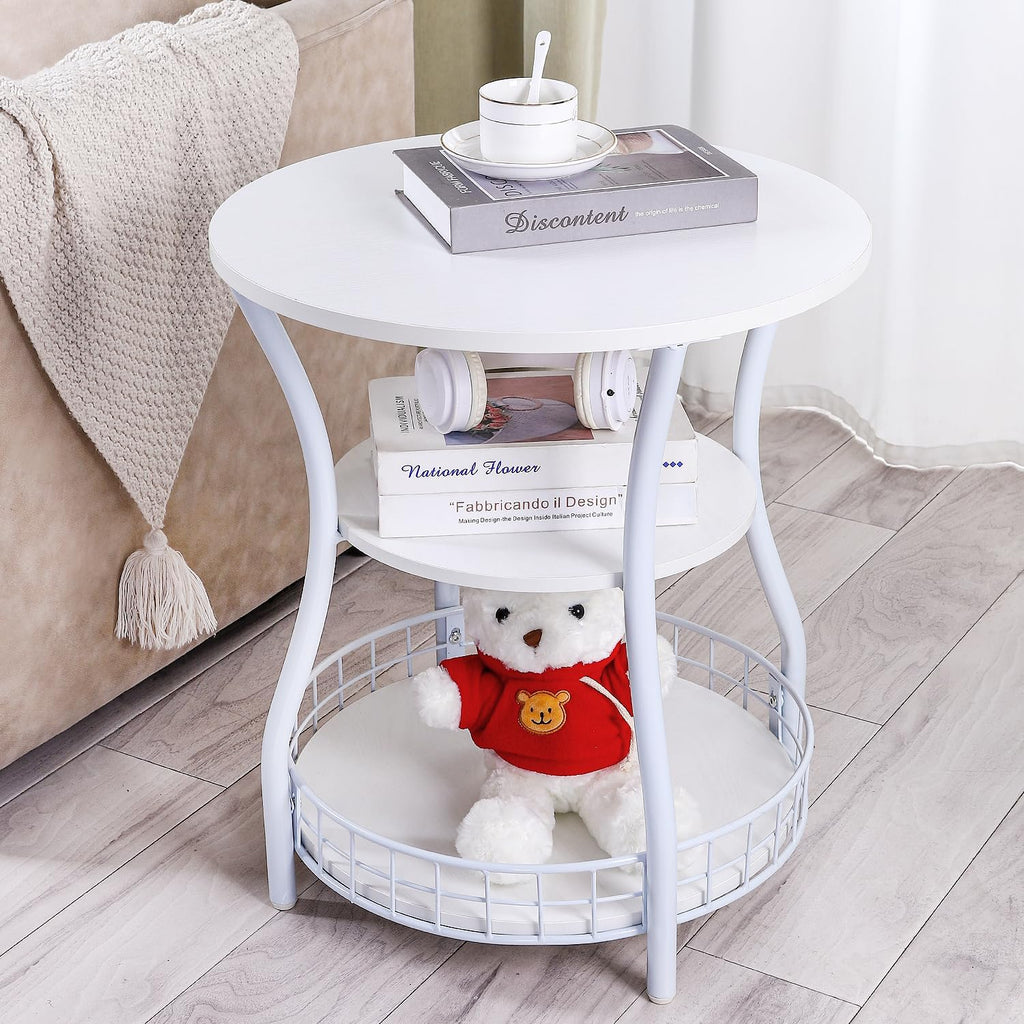 Round Side Table, 3-Tier Circular End Table with Storage Shelf,White Accent Sofa Table for Small Spaces,Round Corner Coffee Table for Living Room, Bedroom,19.6 inch Diameter