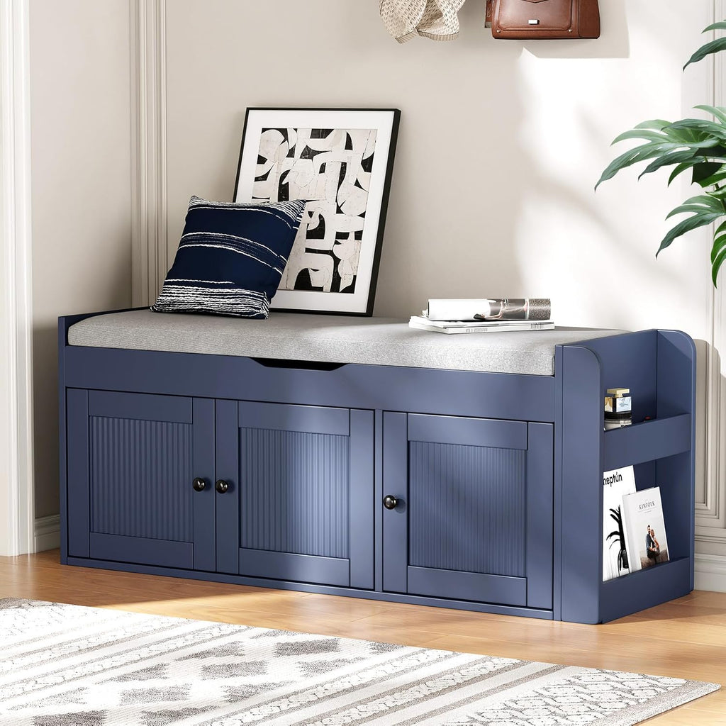 42.6" Entryway Shoe Storage Bench with Padded Seat, 3 Doors and Side Shelves, Lift Top Storage Bench for Shoes, Hallway, Bedroom, Living Room, Navy Blue