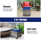 HAPPYGRILL Patio Ottoman Set of 2, Outdoor Rattan Wicker Ottoman Seat with Removable Cushions, Patio Furniture Footstool Footrest Seat (Mix Grey & Navy)