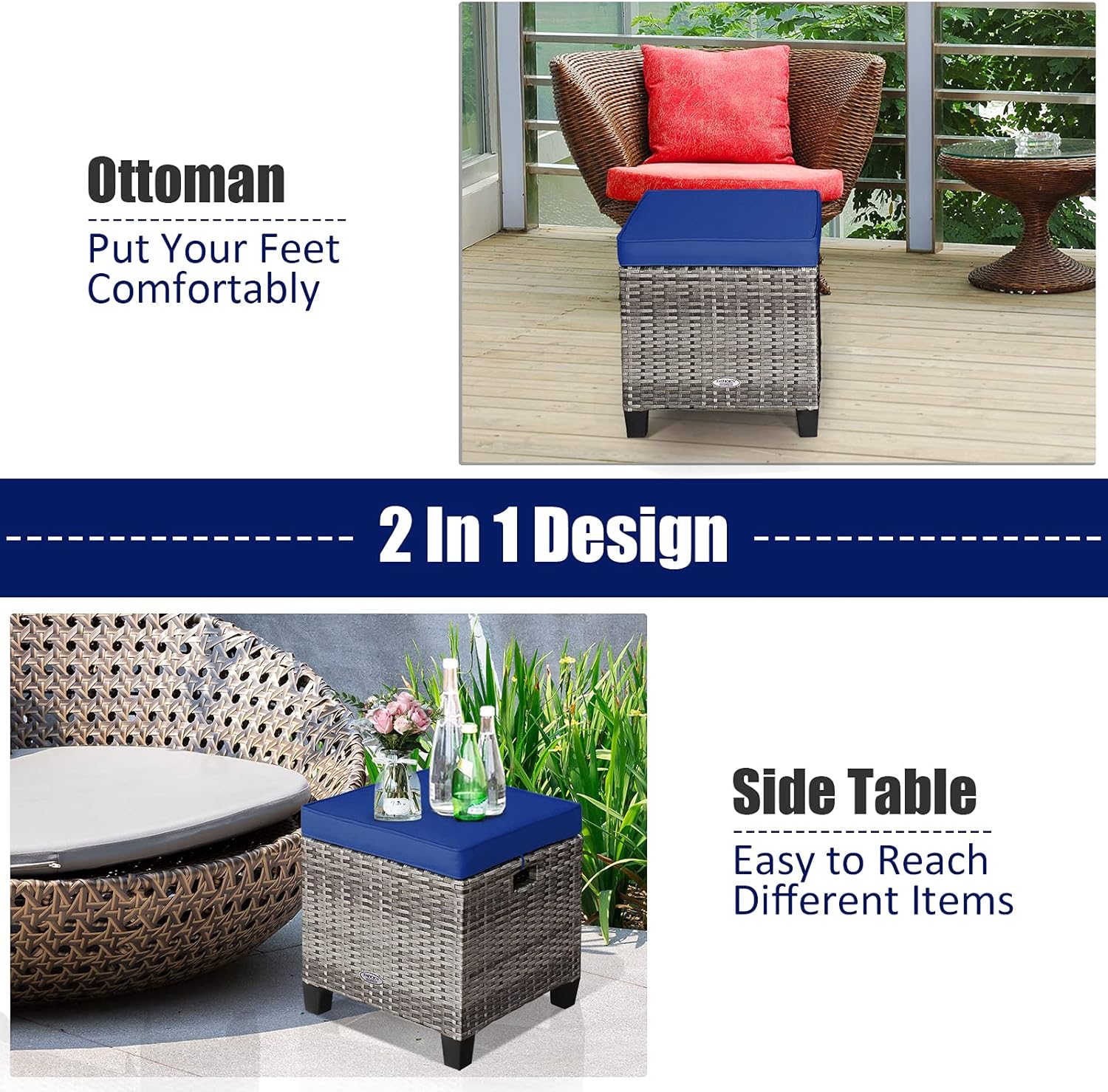 HAPPYGRILL Patio Ottoman Set of 2, Outdoor Rattan Wicker Ottoman Seat with Removable Cushions, Patio Furniture Footstool Footrest Seat (Mix Grey & Navy)