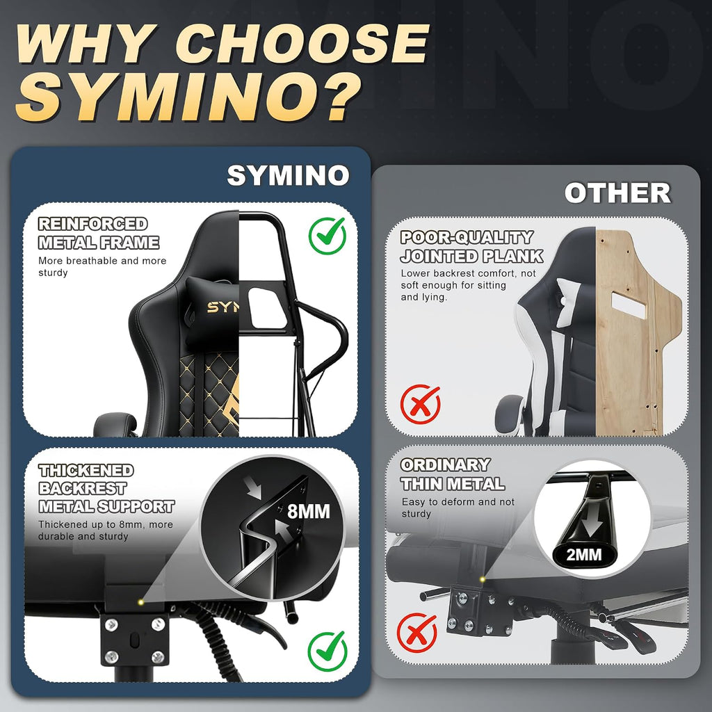 Symino Gaming Chair with Footrest, Linkage Armrests & 10cm Thick Seat, PU Leather Ergonomic Computer Chair, 150° Recline Office Chair, Black