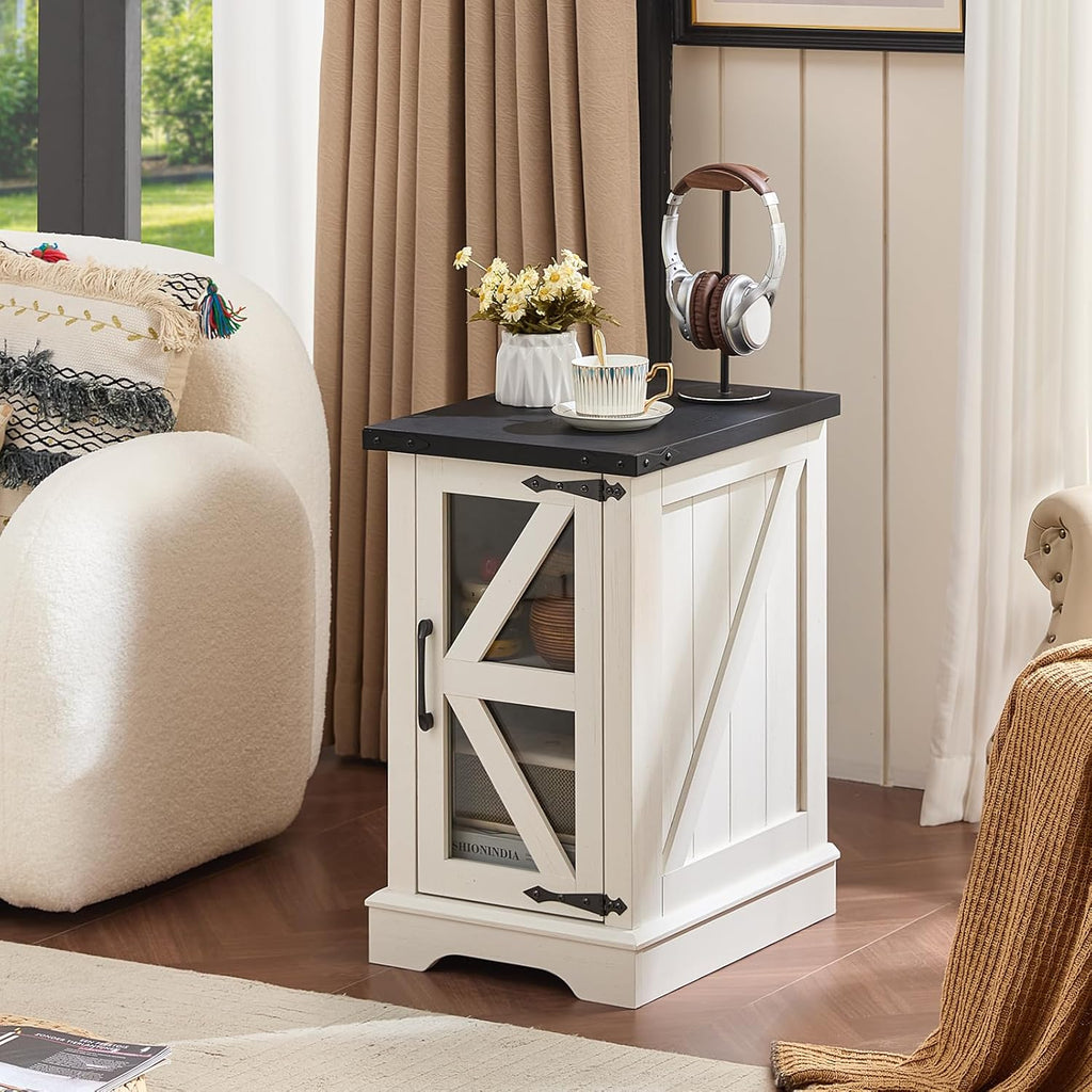 Joaxswe Farmhouse End Table Set 2, Narrow 18'' Night Stand with Glass Barn Door, 24" Square Side Table with Charger Station, Living Room Furniture Sets, Wood Nightstand Bedside Tables for Bedroom