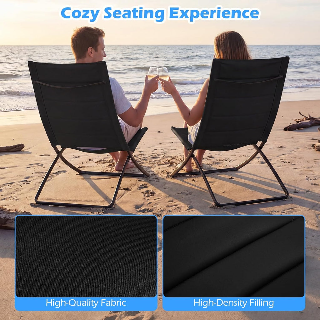 Set of 2 Folding Outdoor Chairs, Portable Padded Sling Lounger for Beach, Garden, Patio, Lawn, Poolside - Comfortable Recliner in Black Black 90 x 57 x 87cm