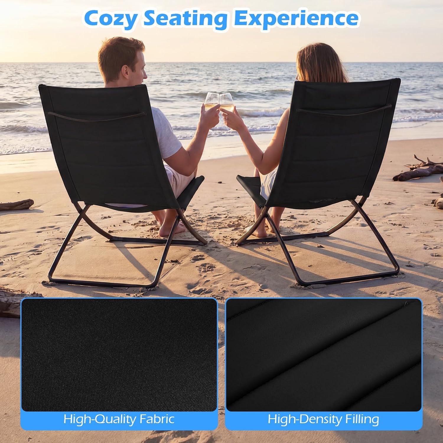 Set of 2 Folding Outdoor Chairs, Portable Padded Sling Lounger for Beach, Garden, Patio, Lawn, Poolside - Comfortable Recliner in Black Black 90 x 57 x 87cm