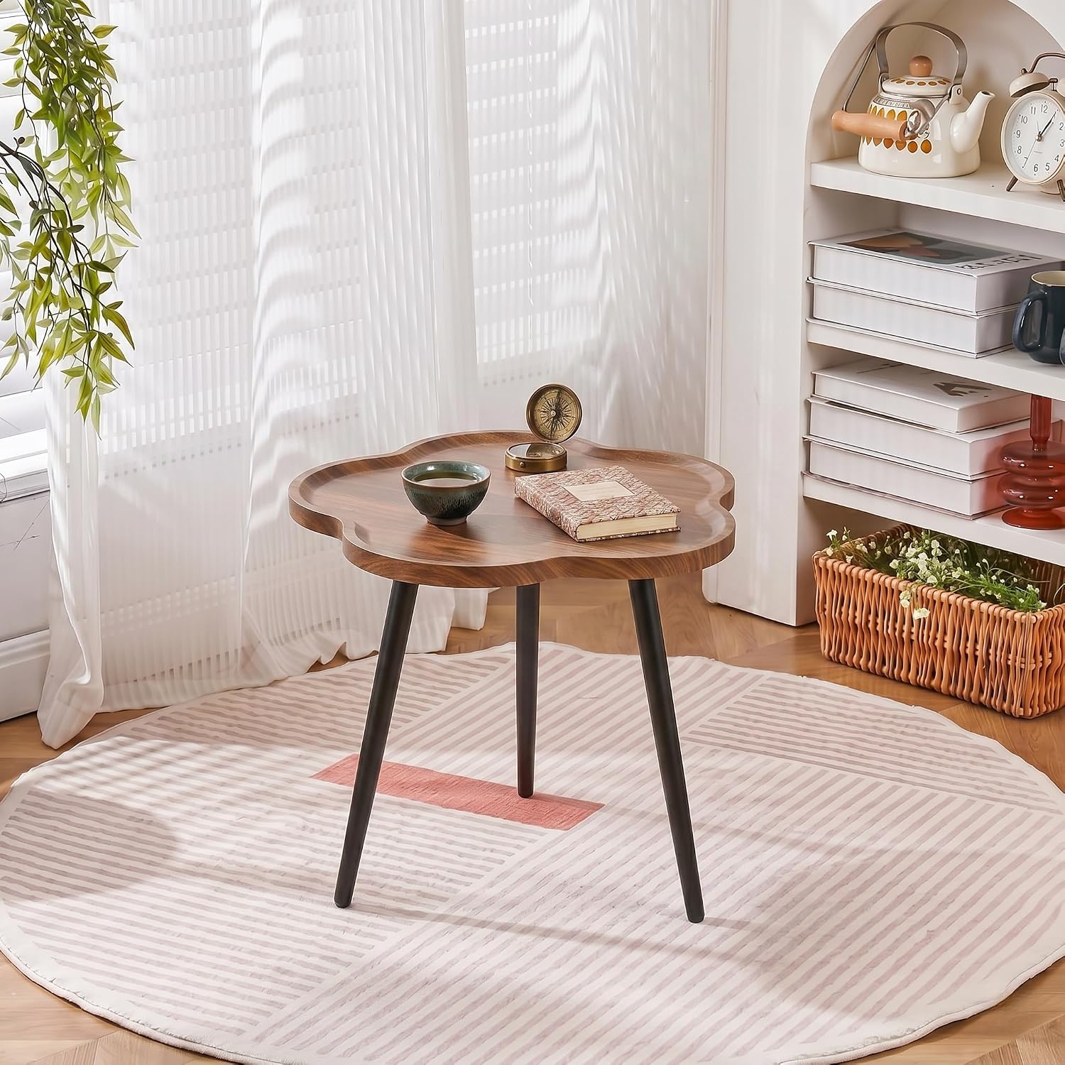 danpinera Round Side Table, Metal Legged Accent Table with Wooden Tray, Flower Tray Small Round End Table for Living Room, Bedroom, Nursery Rustic Brown