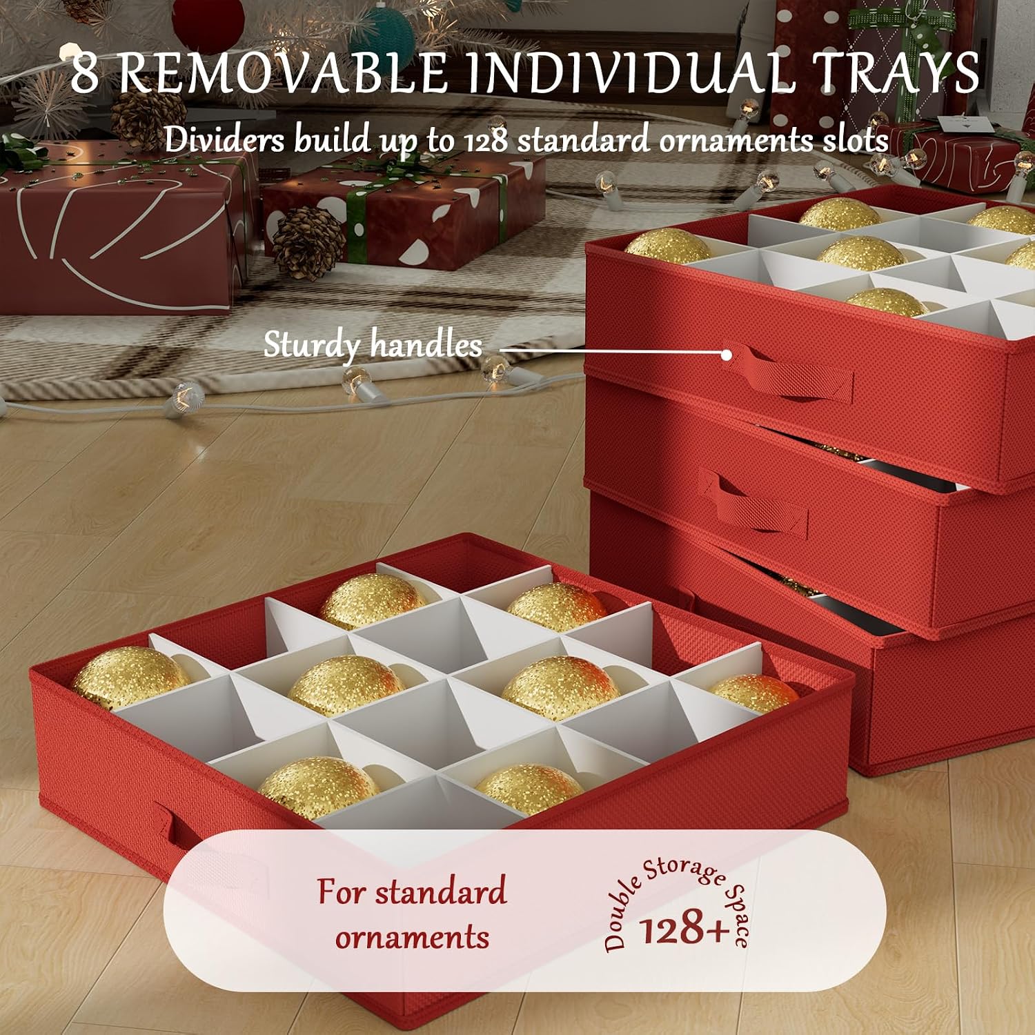 homyfort Christmas Ornament Storage Box, Large Compartment Ornament Organizer Boxes Containers with Dividers for 128 Xmas Holiday Christmas Tree Ornament Storage
