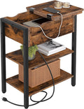 HOOBRO End Table with Charging Station, Narrow Side Table, Flip Top Nightstand with USB Ports and Outlets, Bedside Tables with Shelf for Small Spaces, Living Room, Rustic Brown BF341BZ01