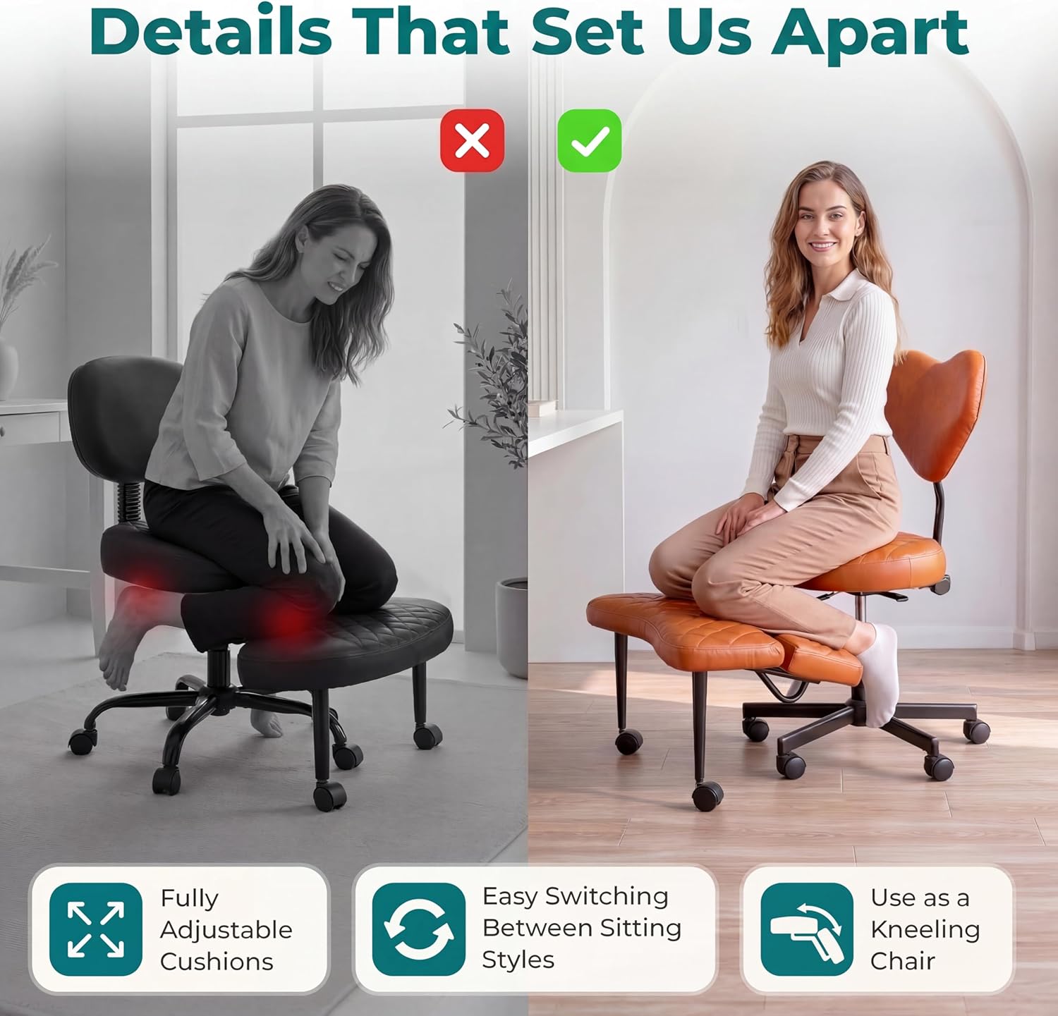NYPOT Criss Cross Chair with Rotating FootRest for Kneeling Seating, Flexible Desk Chair with Wheels for ADHD to Sit Cross Legged - Multi-Position Adjustable Seat with Back Support 360° Swivel