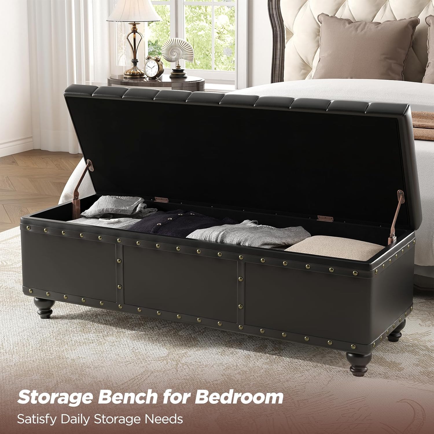 Maupvit Storage Ottoman Bench, Faux Leather Ottoman with Storage, Bench for Bedroom end of Bed, Upholstered Storage Benches for Living Room, Entryway, Hallway, Foot Rest, Black