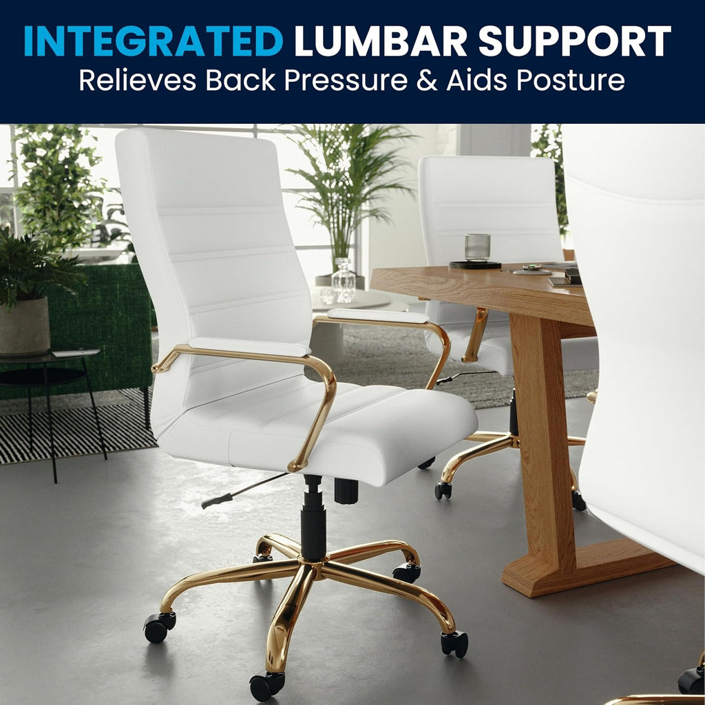 Flash Furniture Whitney Mid-Back Swivel LeatherSoft Desk Chair with Padded Seat and Armrests, Adjustable Height Padded Office Chair, 27"D x 26"W x 43"H, White/Gold