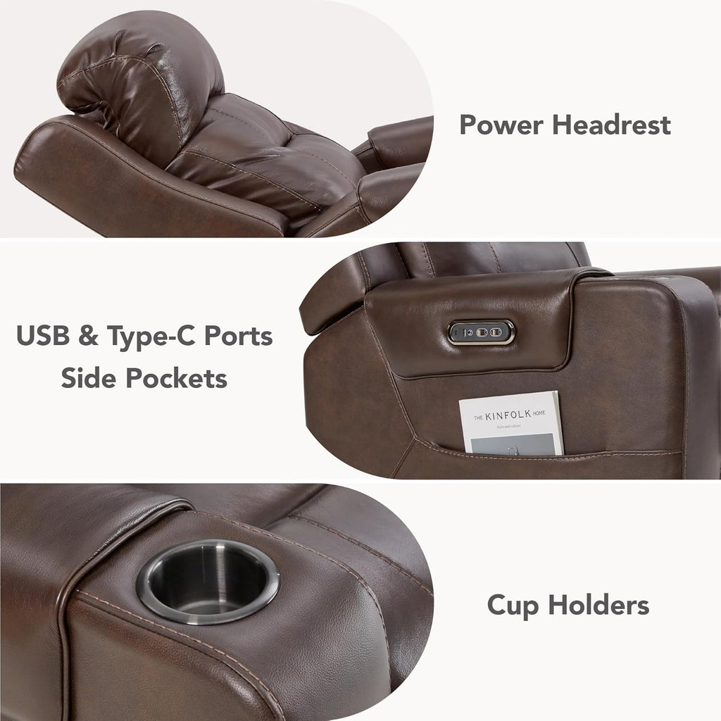Watson & Whitely Oversized Genuine Leather Power Recliner Chairs for Big and Tall, Extra Wide Lay Flat Recliner with Power Headrest & Cup Holders, Electric Reclining Sofa for Living Room, Dark Brown