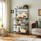 MAHANCRIS Bakers Rack with Power Outlet, Kitchen Storage Shelf with 6 Hooks, Microwave Stand with Storage, 4-Tier Coffee Bar Station, for Kitchen, Dining Room, Rustic Brown and Black BRHR351E01