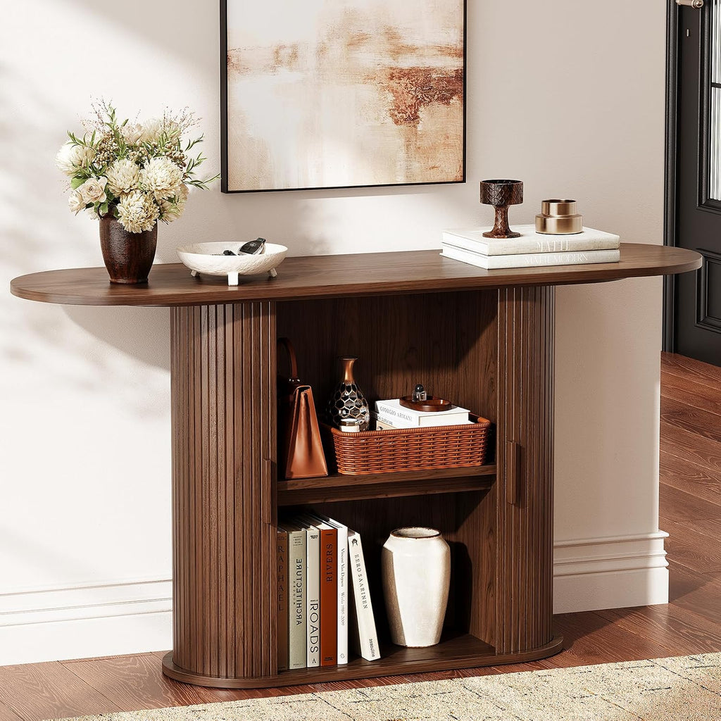 55 Inch Console Table with Storage, Fluted Entryway Tables with Sliding Doors, Sofa Table Behind The Couch, Hallway Tables, Mid-Century Modern Foyer Table for Entryway, Hallway, Living Room, Walnut
