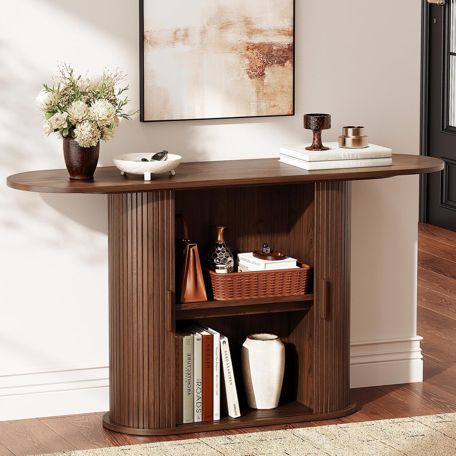 55 Inch Console Table with Storage, Fluted Entryway Tables with Sliding Doors, Sofa Table Behind The Couch, Hallway Tables, Mid-Century Modern Foyer Table for Entryway, Hallway, Living Room, Walnut