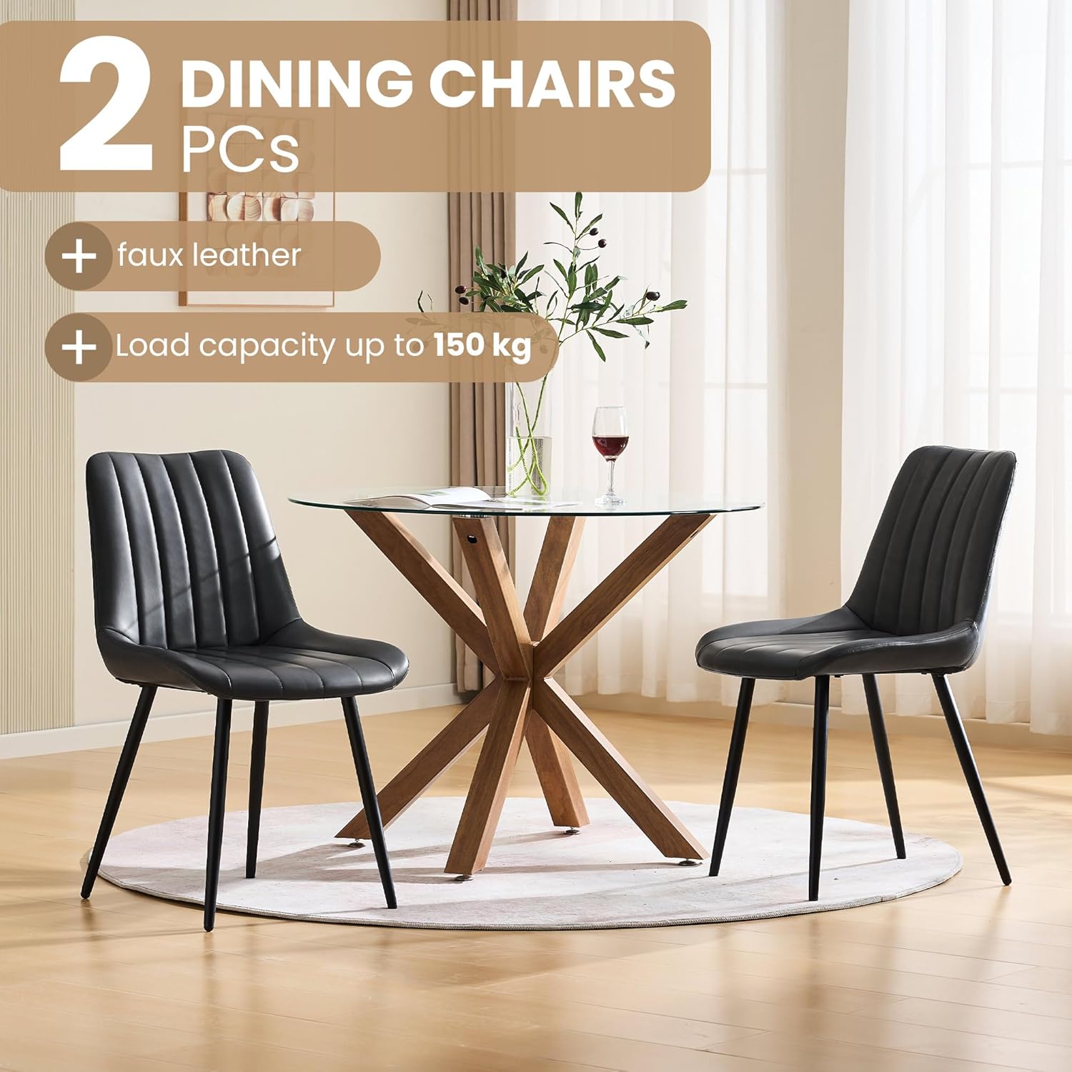 CLIPOP Dining Chairs Set of 2, Faux Leather Dining Chairs with Upholstered Seat, High Back Comfy Cushion, Metal Leg, Accent Kitchen Side Chair for Living, Restaurant & Meeting Room, Black