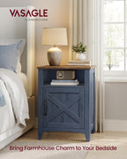 VASAGLE LIRY Collection - Farmhouse Nightstand, Barn Door, Set of 2, Bedside Table with Storage, Side End Table, Night Stand, Open Compartment, for Bedroom, Rustic Blue and Honey Brown ULET609Q101S-2J
