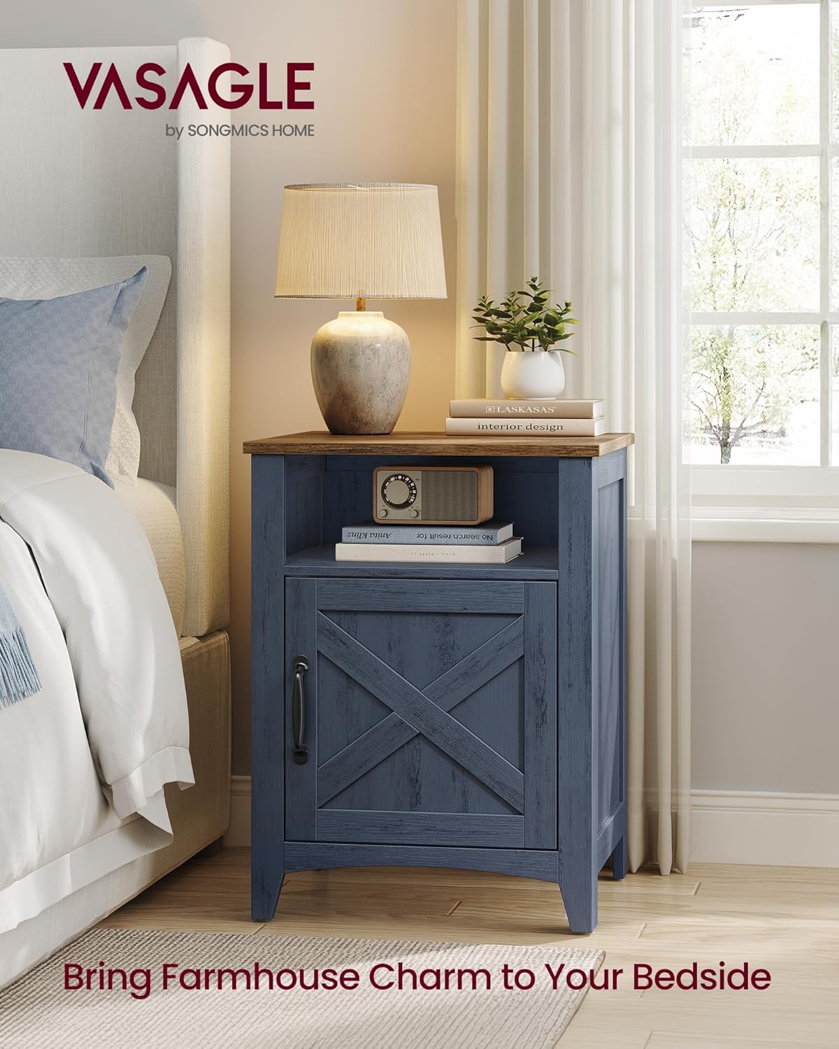 VASAGLE LIRY Collection - Farmhouse Nightstand, Barn Door, Set of 2, Bedside Table with Storage, Side End Table, Night Stand, Open Compartment, for Bedroom, Rustic Blue and Honey Brown ULET609Q101S-2J