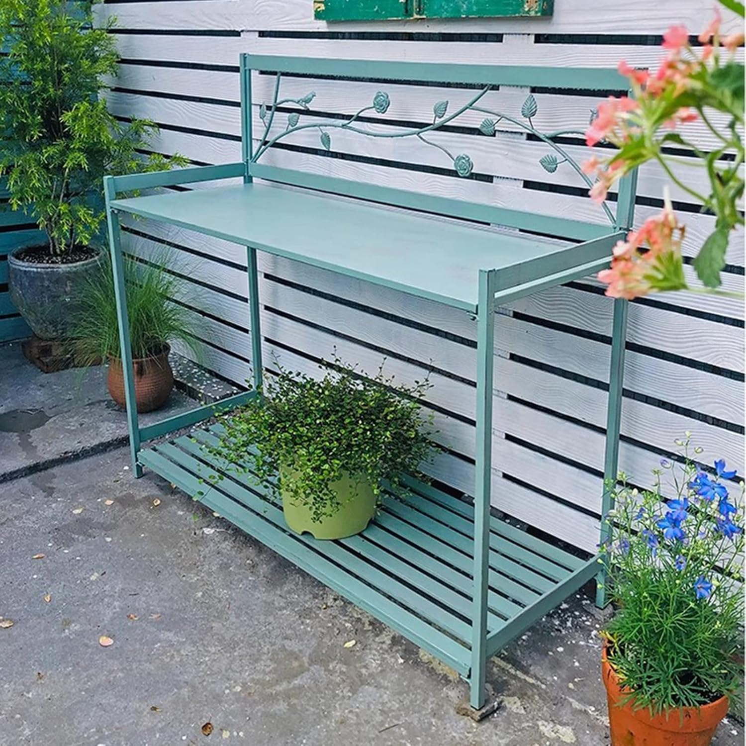 Potting Bench, Outdoor Patio Metal Potting Table with 2- Tier Open Shelf, Garden Work Station Table for Planting (Color : Green, Size : 126.5x45x115.5cm)