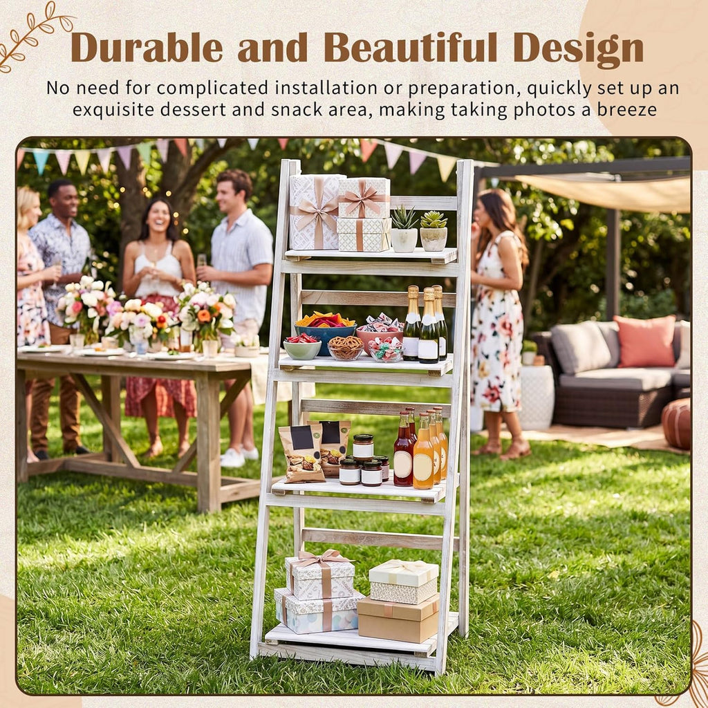 Sintuff White Wooden 4-tier Foldable Ladder Shelf, Sturdy Dessert & Snack Display Stand for Birthday Party & Wedding, Indoor Stand Corner Storage Bookshelf, Rustic Storage Rack, No Tool Assembly